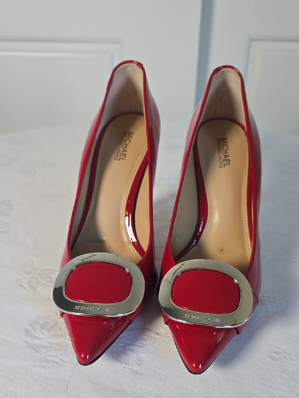 Michael Kors Red Patent Leather Pointed Toe Pumps with Silver Buckle Size 7
